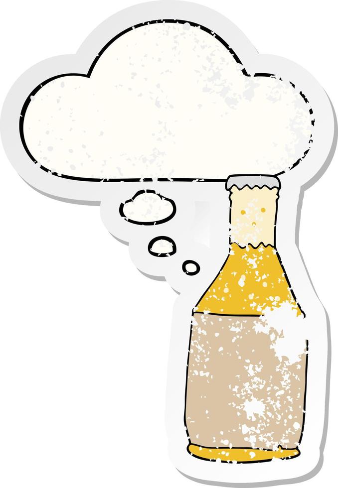 cartoon beer bottle and thought bubble as a distressed worn sticker vector