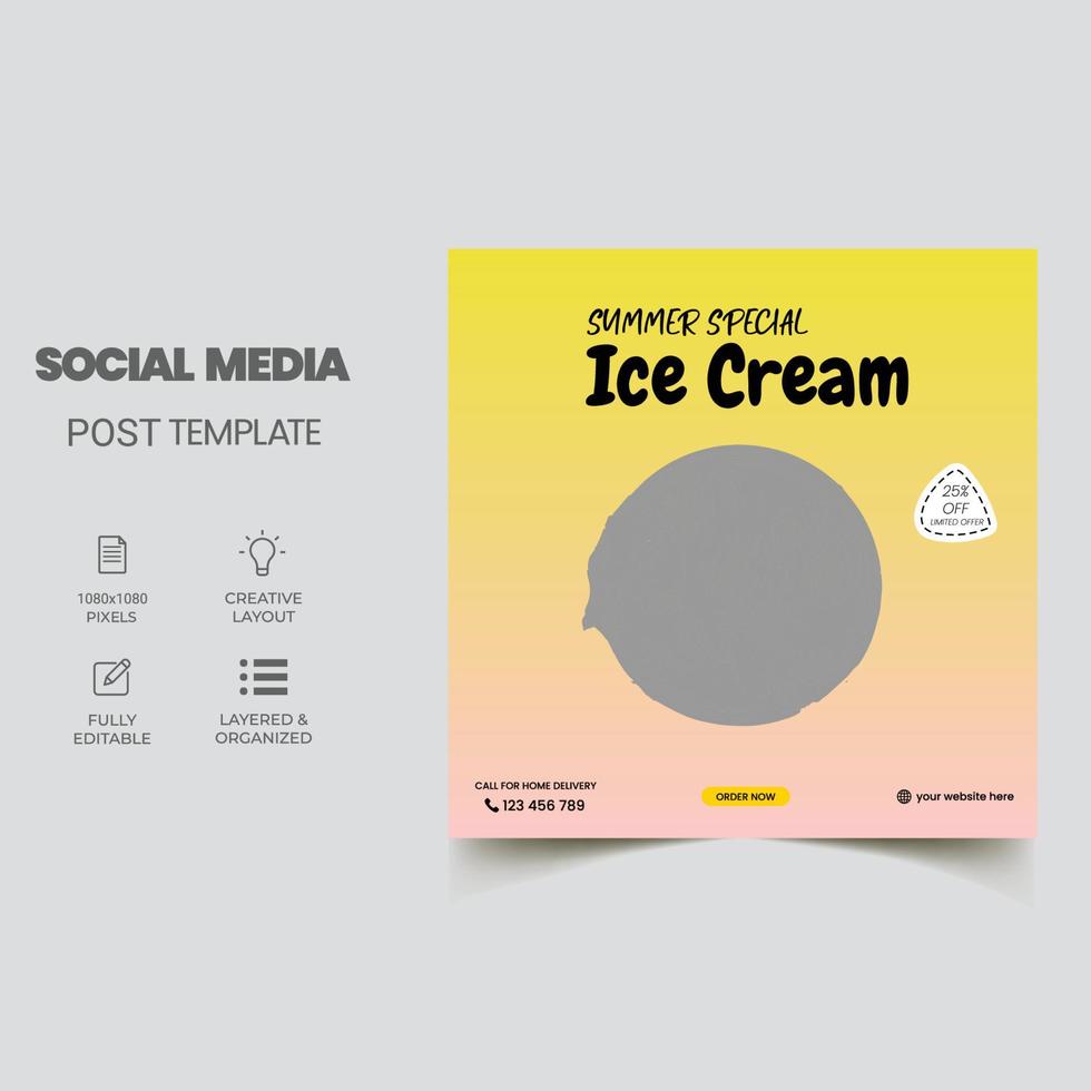 plantilla de banner de publicación de redes sociales de helado, diseño de banner cuadrado editable vector