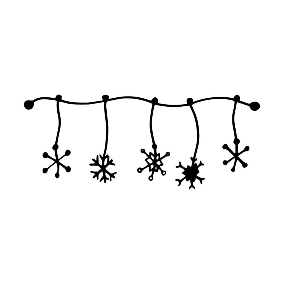 Simple vector winter Christmas doodle style illustration. Illustration drawn by hands in the style of line art in white on a black background. Creation of design for New Year, winter, Christmas