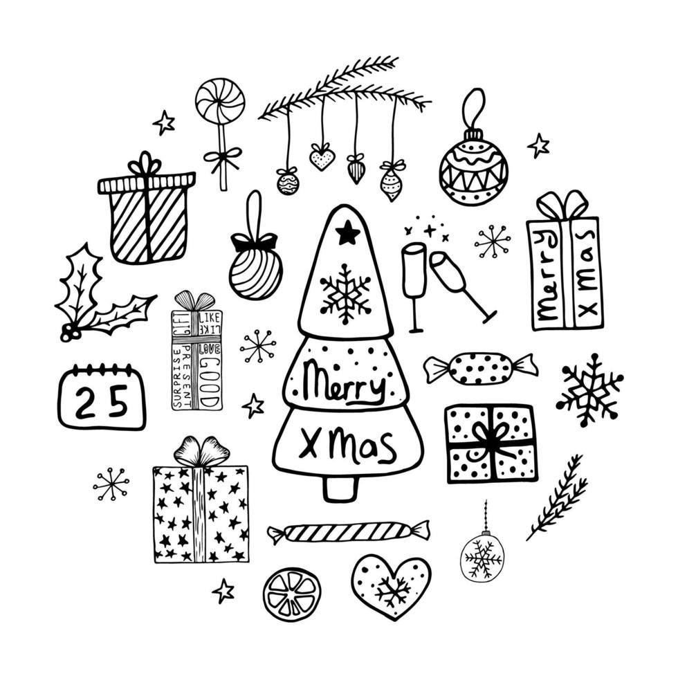 elementos de garabatos navideños. simples ilustraciones de invierno dibujadas a mano. tarjeta de navidad, feliz año nuevo vector