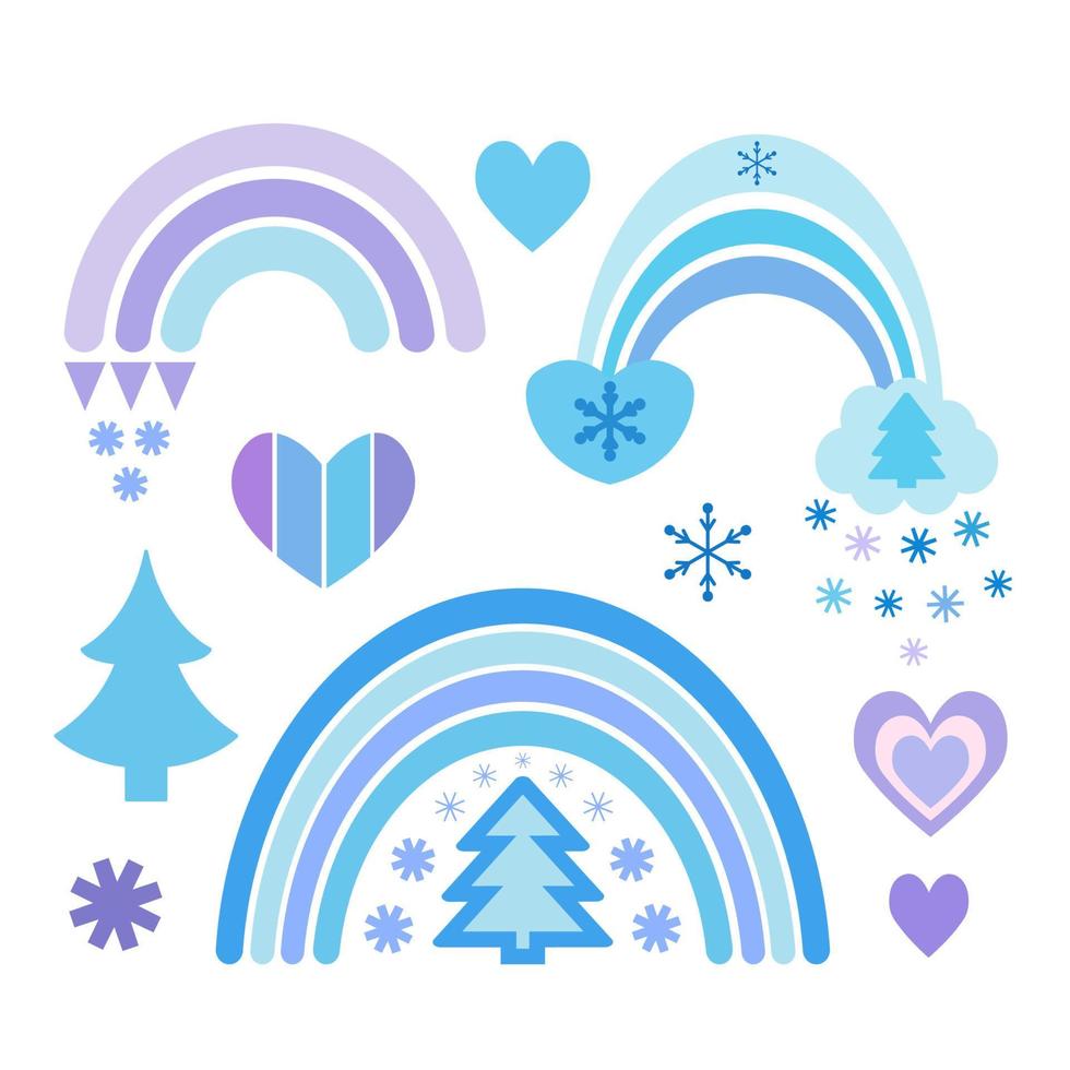 Winter rainbow collection in flat style. Cute illustration in blue on the theme of Christmas, New Year, cozy winter. Rainbows, snowflakes, trees, hearts vector