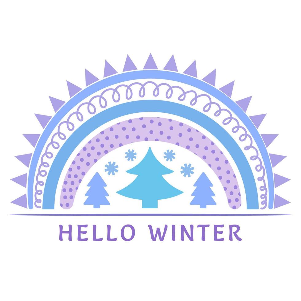 Cute rainbow composition Hello winter. Winter illustration in flat style for design. Happy New Year, Merry Christmas, Cozy Winter. Rainbow, tree, snowflakes vector