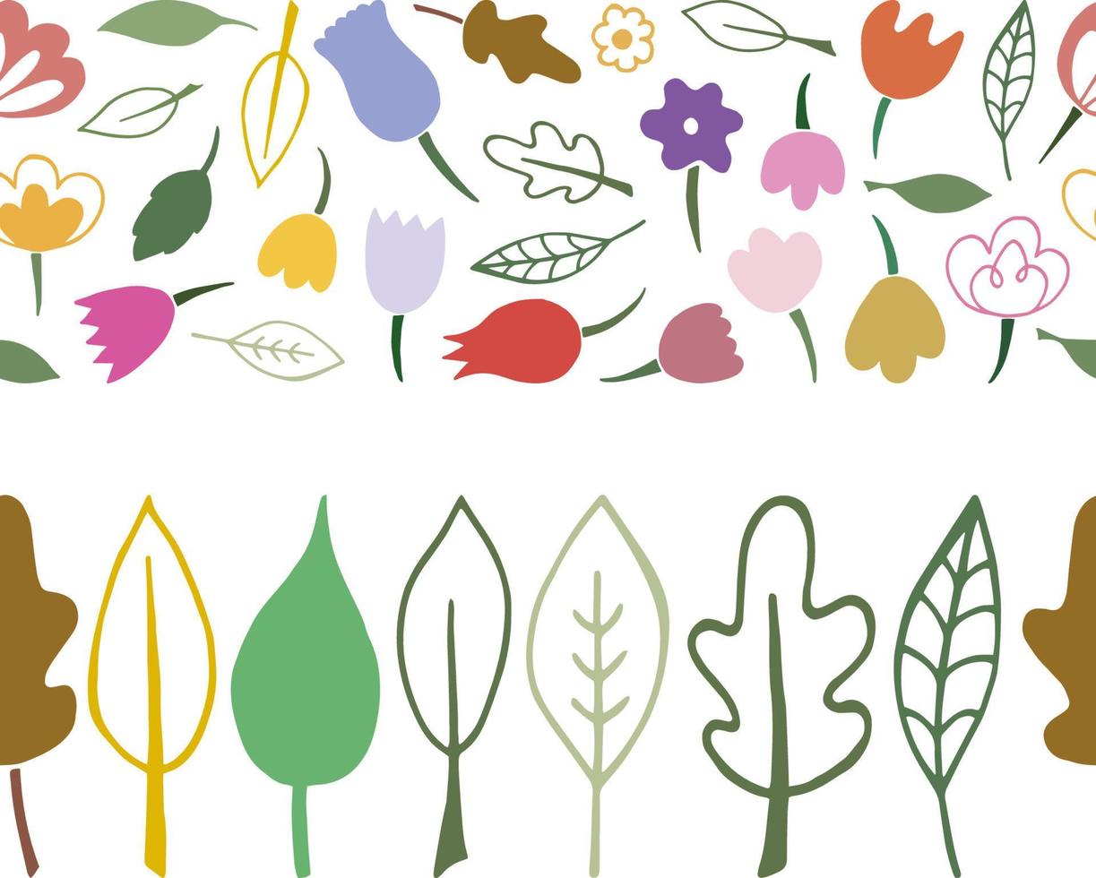 Border of flowers and leaves. Horizontal seamless border vector