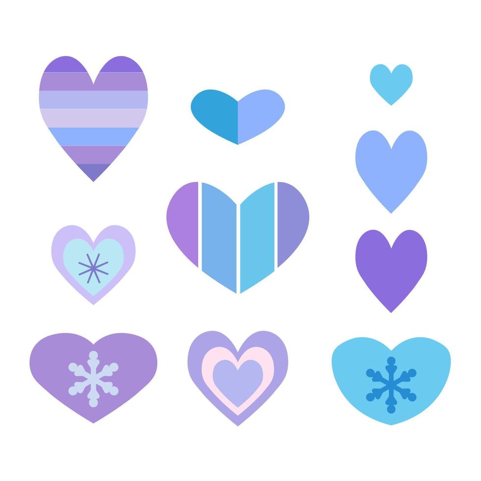 colección de corazones de invierno con copos de nieve. lindas ilustraciones de estilo plano para navidad, año nuevo, invierno acogedor, día de san valentín vector