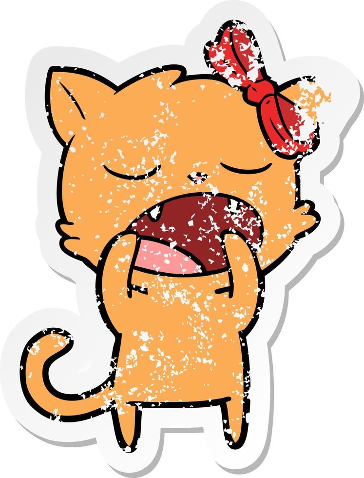 distressed sticker of a cartoon yawning cat vector