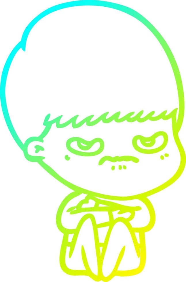 cold gradient line drawing cartoon angry boy sitting vector