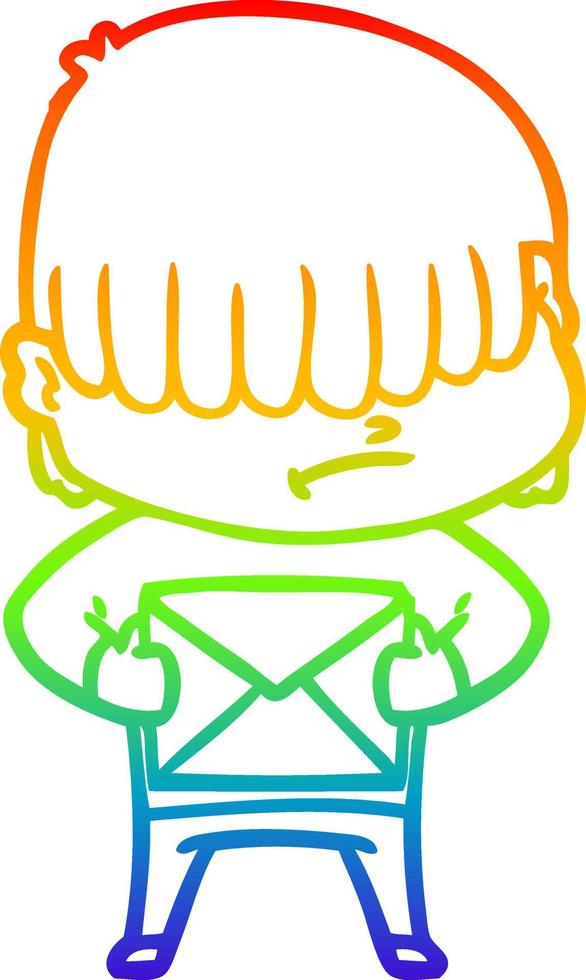 rainbow gradient line drawing cartoon boy with untidy hair vector