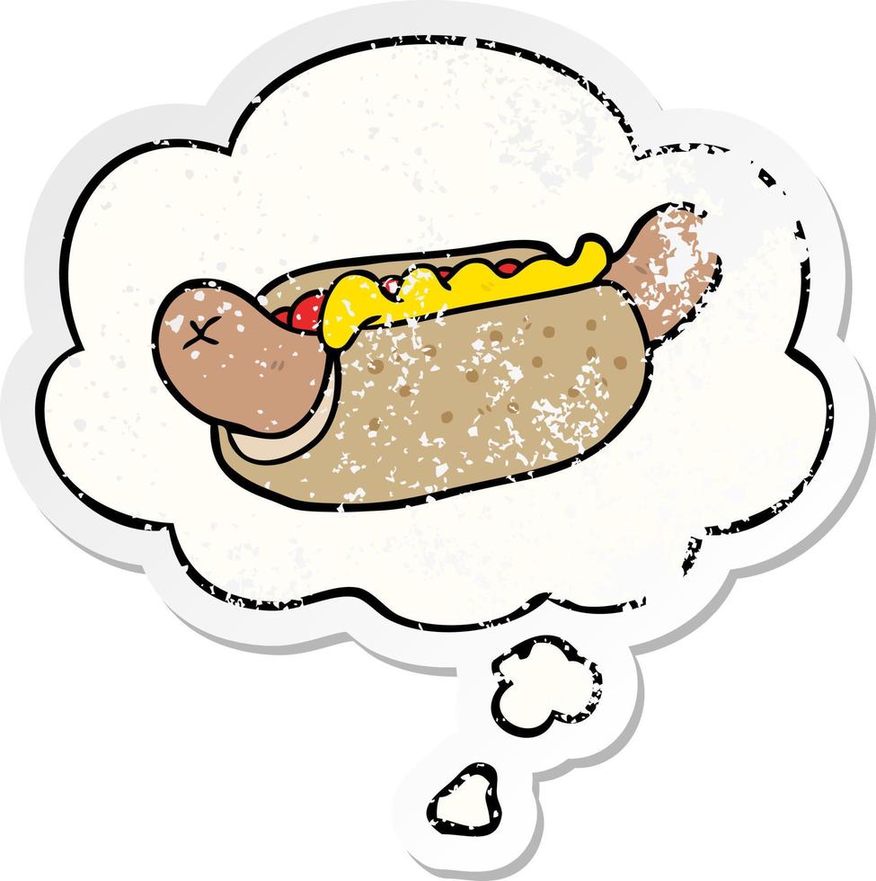 cartoon hot dog and thought bubble as a distressed worn sticker vector