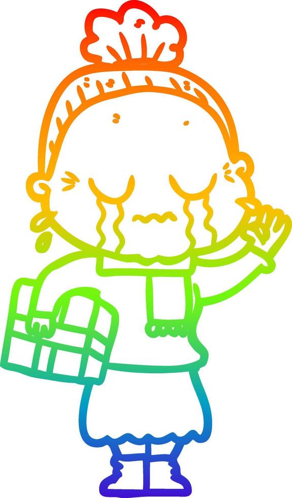 rainbow gradient line drawing cartoon crying old lady vector