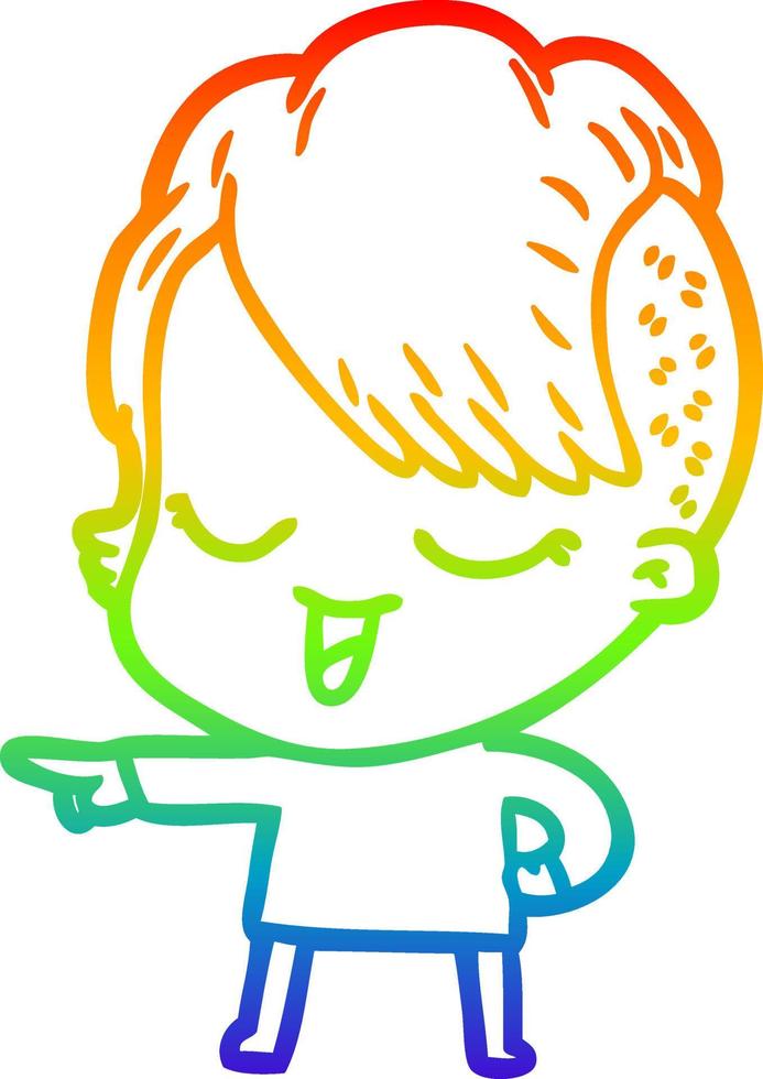 rainbow gradient line drawing happy cartoon girl pointing vector