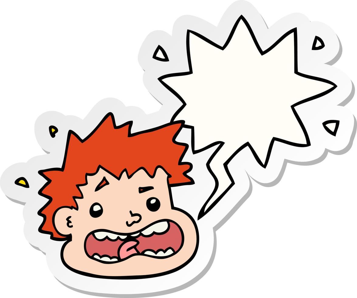 cartoon frightened face and speech bubble sticker vector