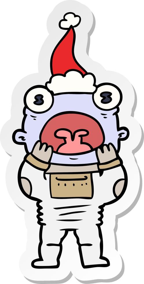 sticker cartoon of a alien gasping in surprise wearing santa hat vector