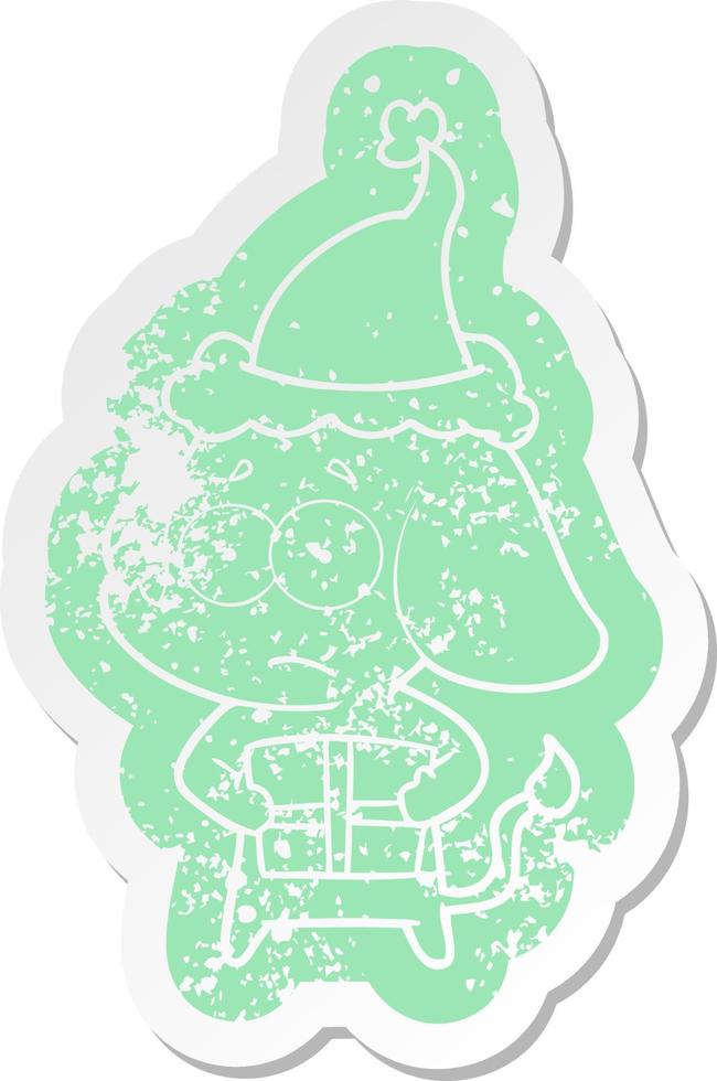 cartoon distressed sticker of a unsure elephant with christmas present wearing santa hat vector