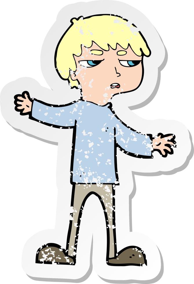 retro distressed sticker of a cartoon annoyed boy vector