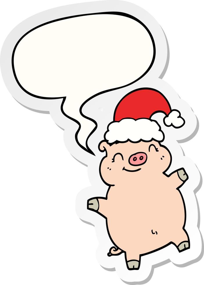 cartoon happy christmas pig and speech bubble sticker vector