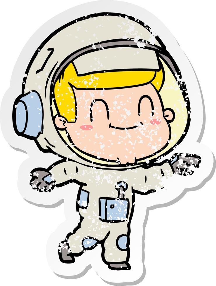 distressed sticker of a happy cartoon astronaut man vector