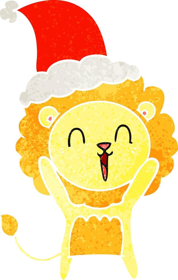 laughing lion retro cartoon of a wearing santa hat vector