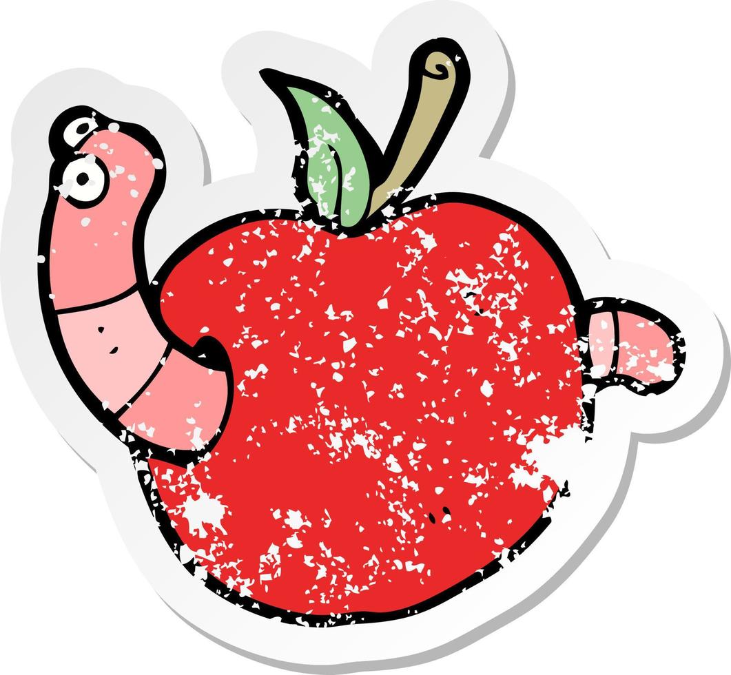 pegatina retro angustiada de un gusano de dibujos animados en manzana vector