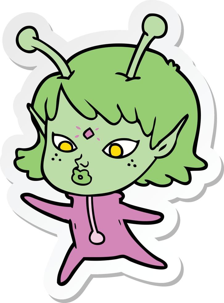 sticker of a pretty cartoon alien girl vector