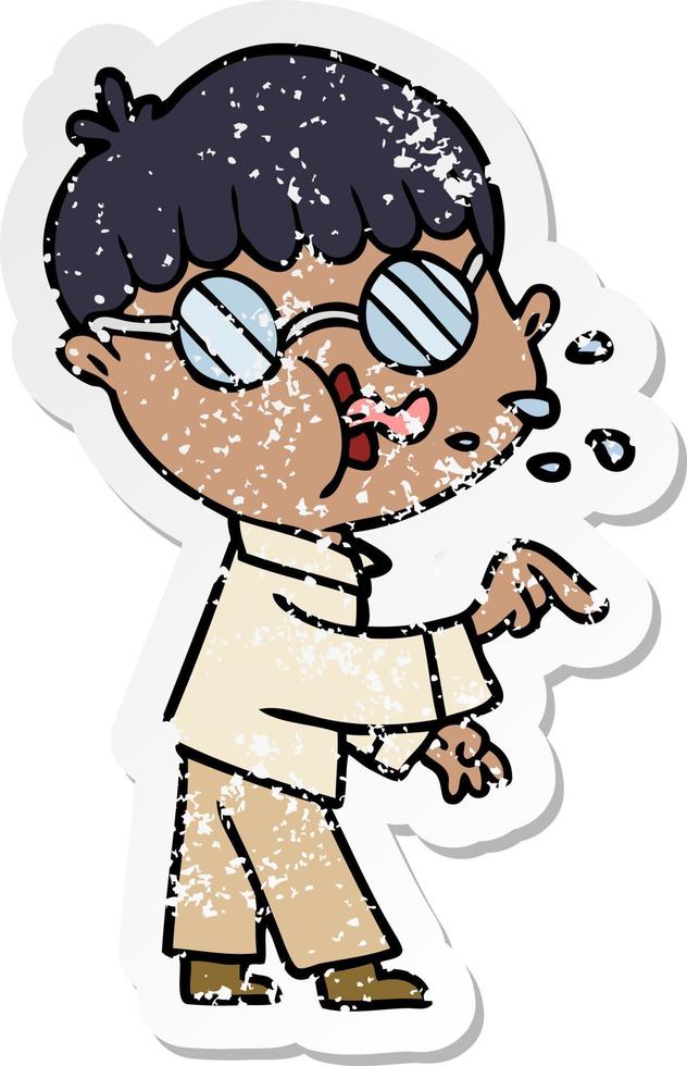 distressed sticker of a cartoon boy wearing spectacles and making point vector