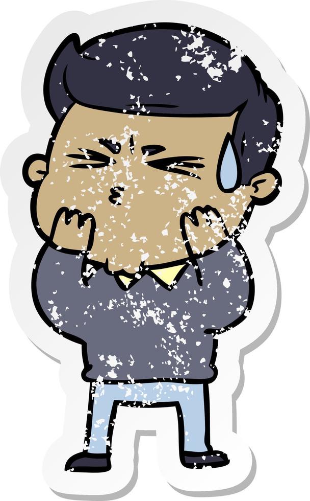 distressed sticker of a cartoon man sweating vector