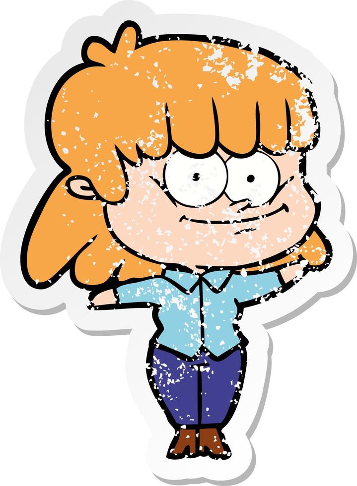 distressed sticker of a cartoon girl smiling vector