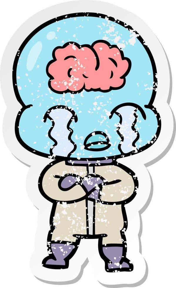 distressed sticker of a cartoon big brain alien crying vector