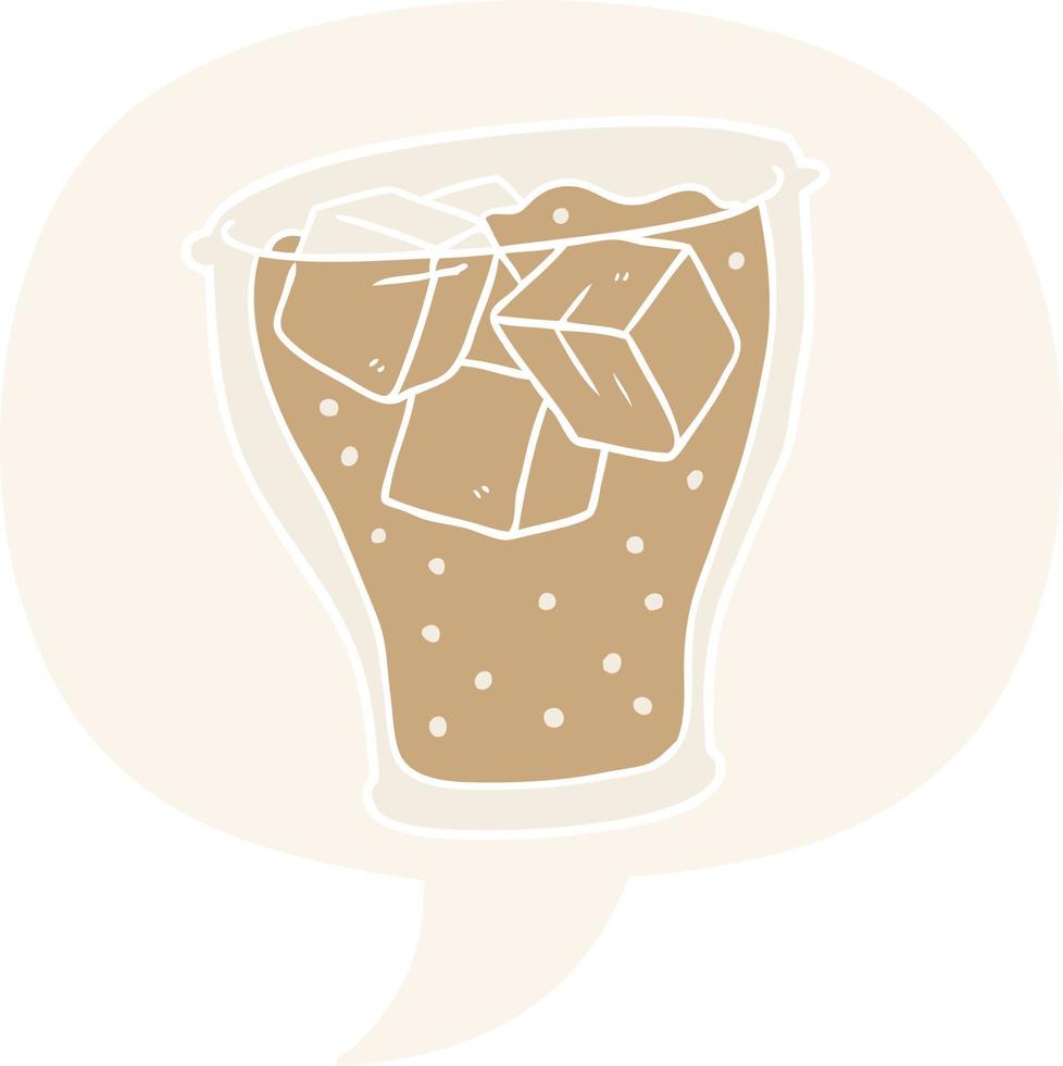 cartoon glass of cola and ice and speech bubble in retro style vector