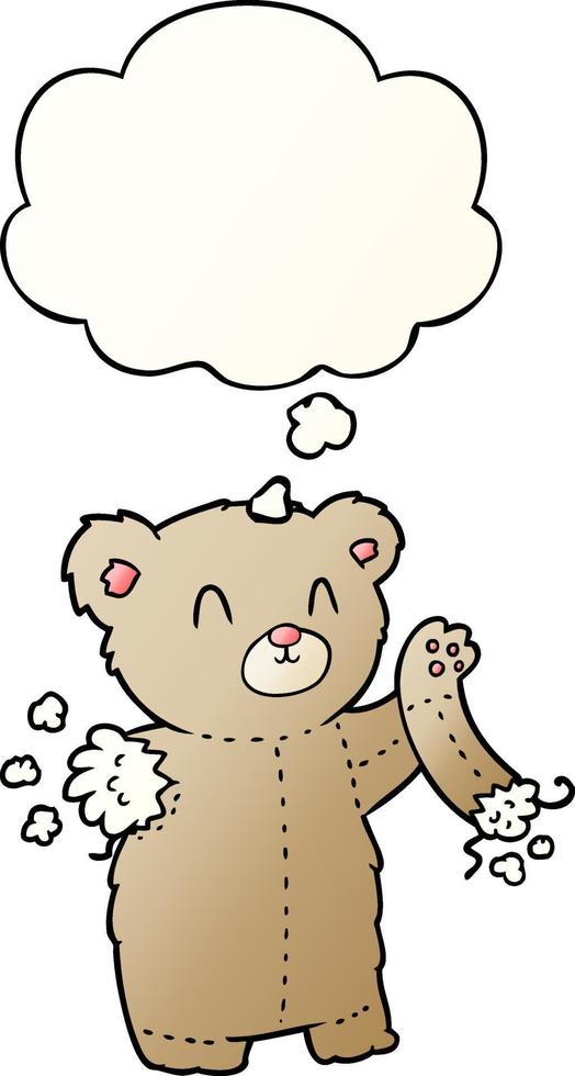 cartoon teddy bear with torn arm and thought bubble in smooth gradient style vector