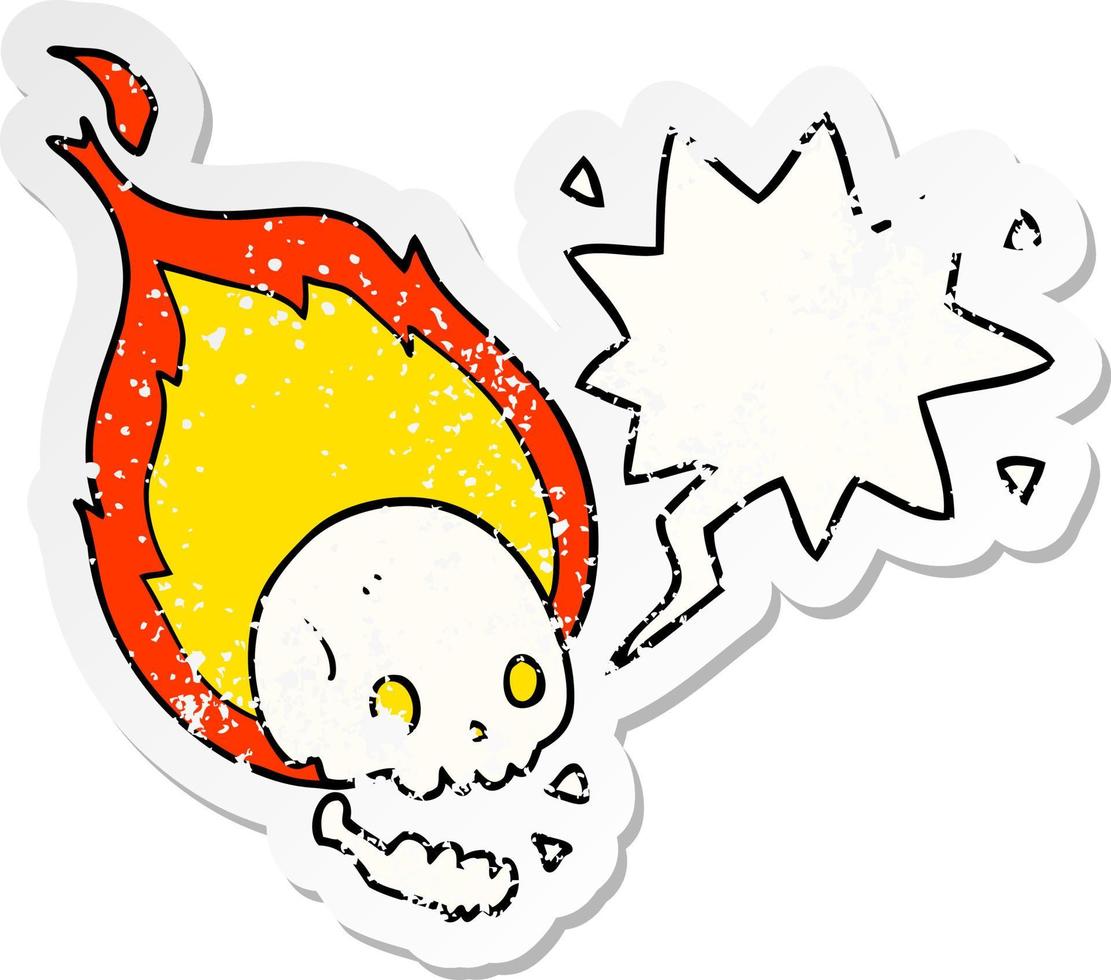 spooky cartoon flaming skull and speech bubble distressed sticker vector
