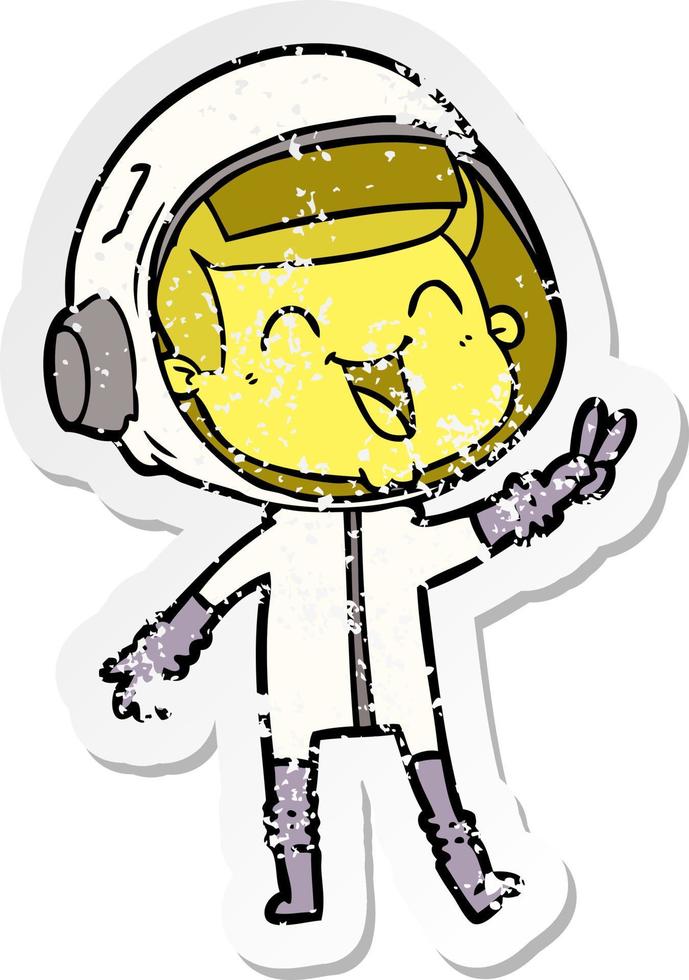 distressed sticker of a happy cartoon astronaut vector