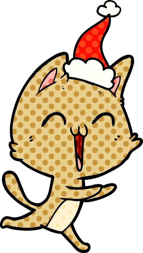 happy comic book style illustration of a cat meowing wearing santa hat vector