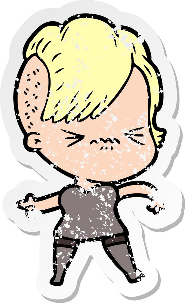 distressed sticker of a cartoon annoyed hipster girl vector