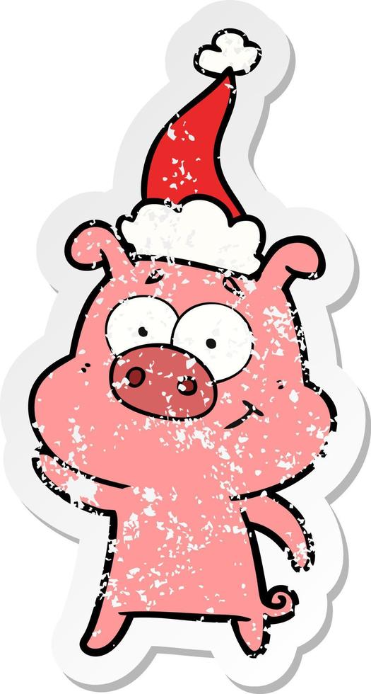 happy distressed sticker cartoon of a pig wearing santa hat vector