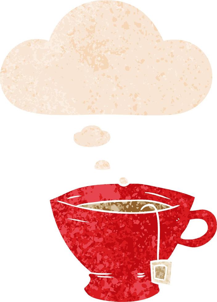 cartoon cup of tea and thought bubble in retro textured style vector