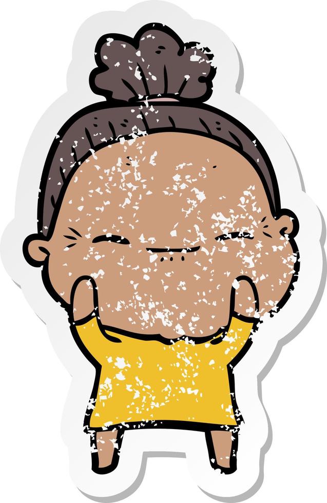 distressed sticker of a cartoon peaceful old woman vector