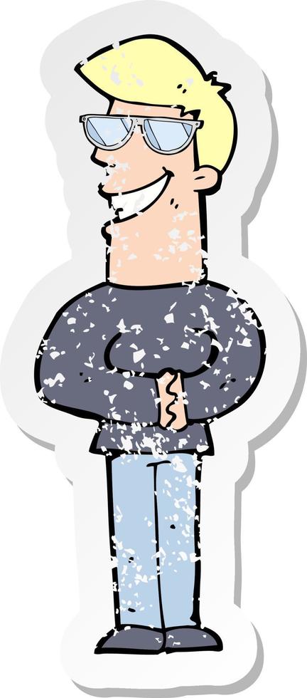 retro distressed sticker of a cartoon grinning man with glasses vector