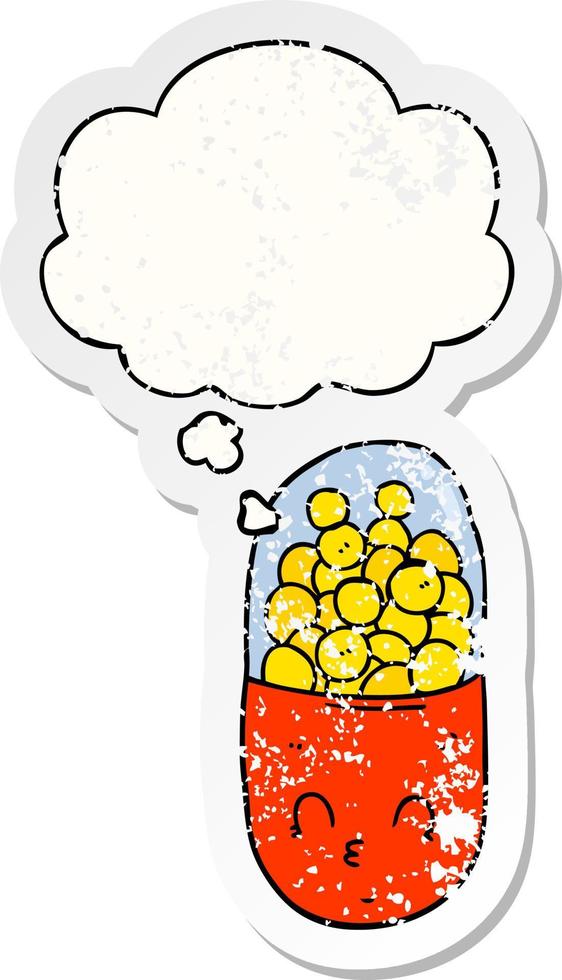 cartoon pill and thought bubble as a distressed worn sticker vector