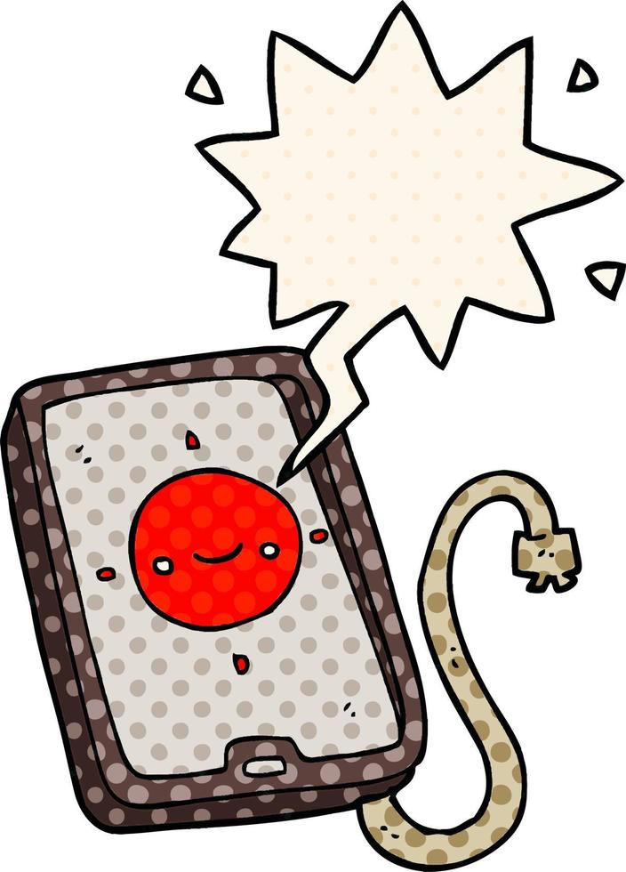cartoon mobile phone device and speech bubble in comic book style vector