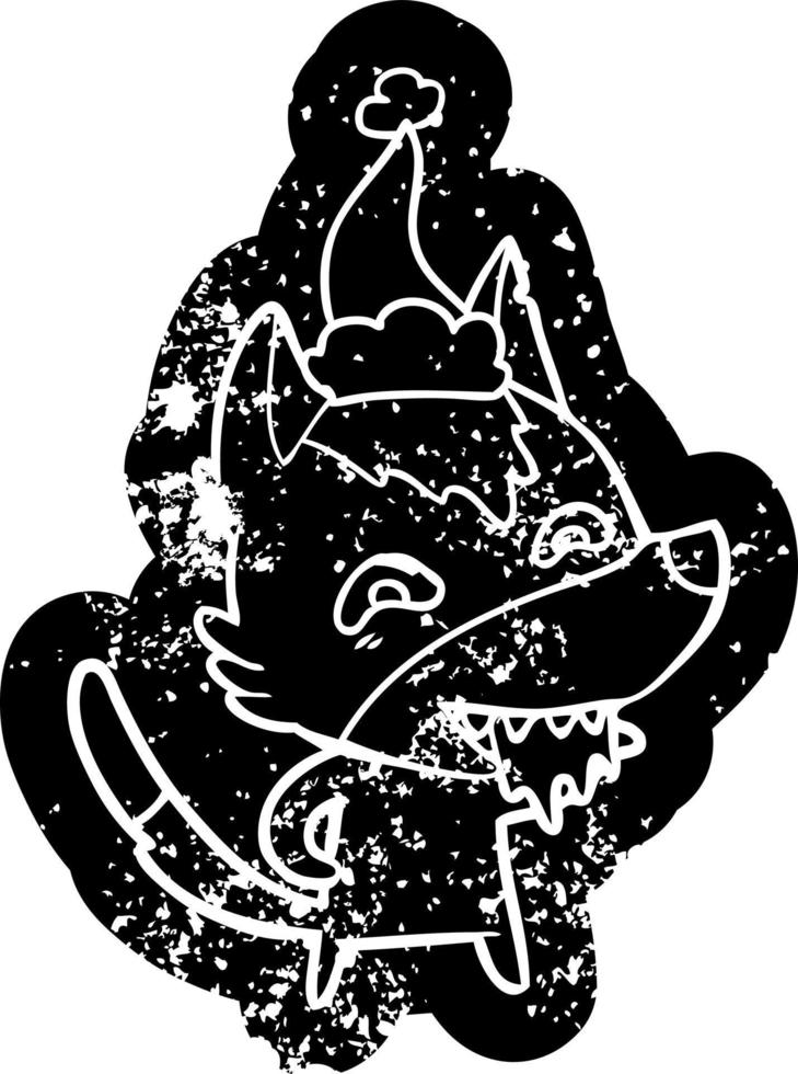 cartoon distressed icon of a hungry wolf wearing santa hat vector