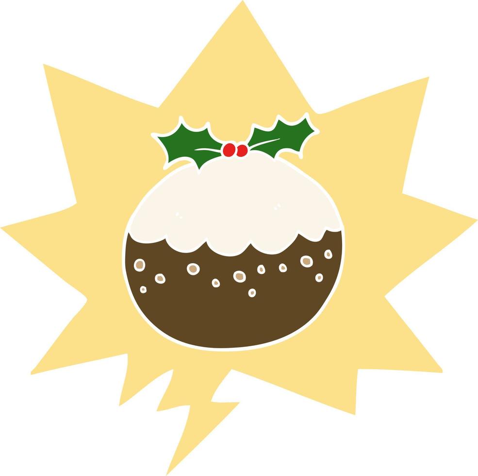 cartoon christmas pudding and speech bubble in retro style vector