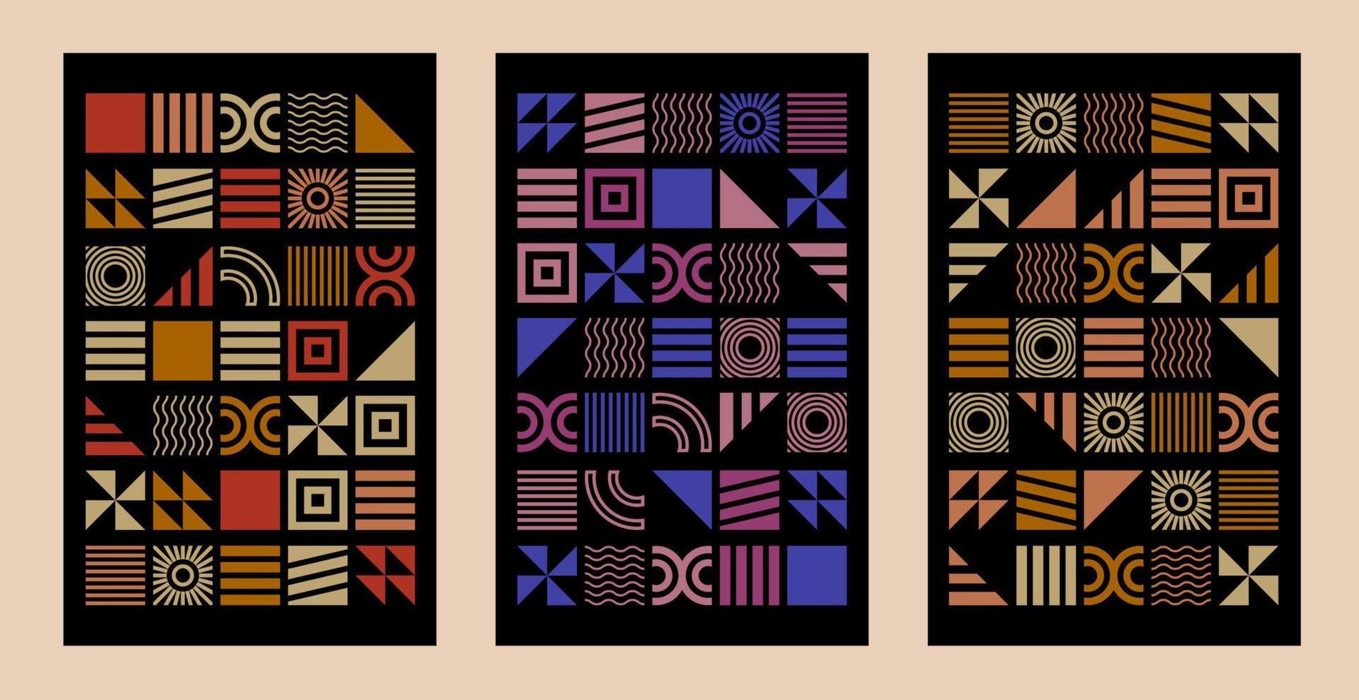 Abstract geometric cover designs. Black covers with colorful geometric shapes. Composition with geometry. Abstract vector backgrounds