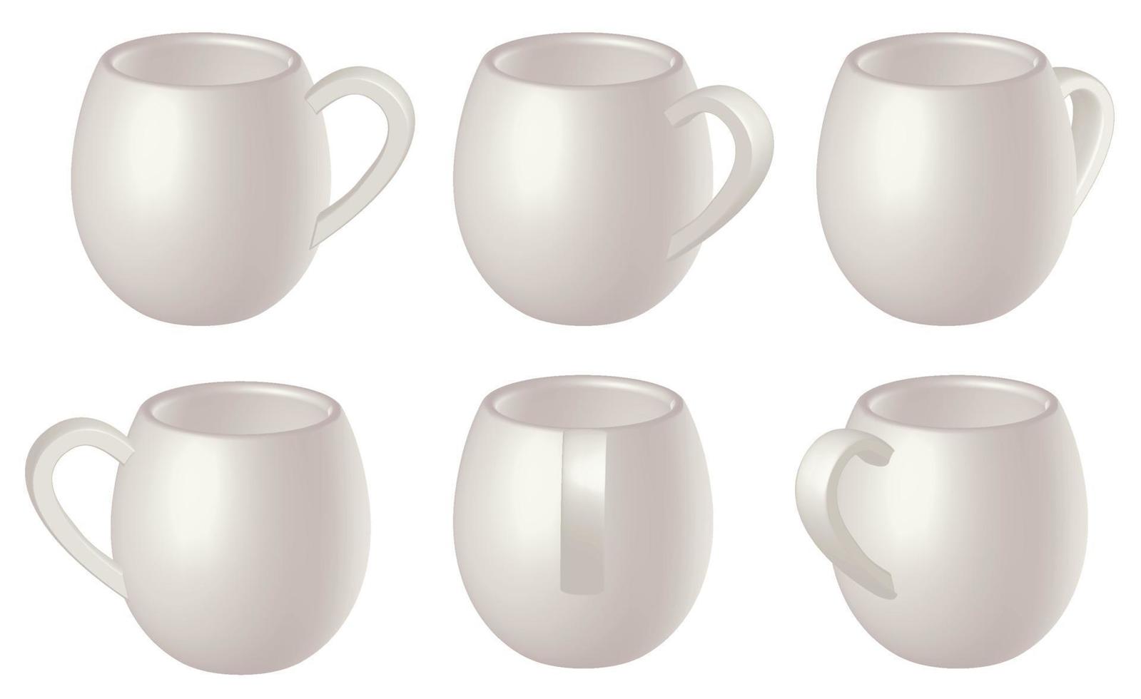 juego de maquetas de tazas. colección de tazas blancas en diferentes posiciones. Representación 3D de café, té, maquetas de chocolate caliente, ilustración vectorial. vector