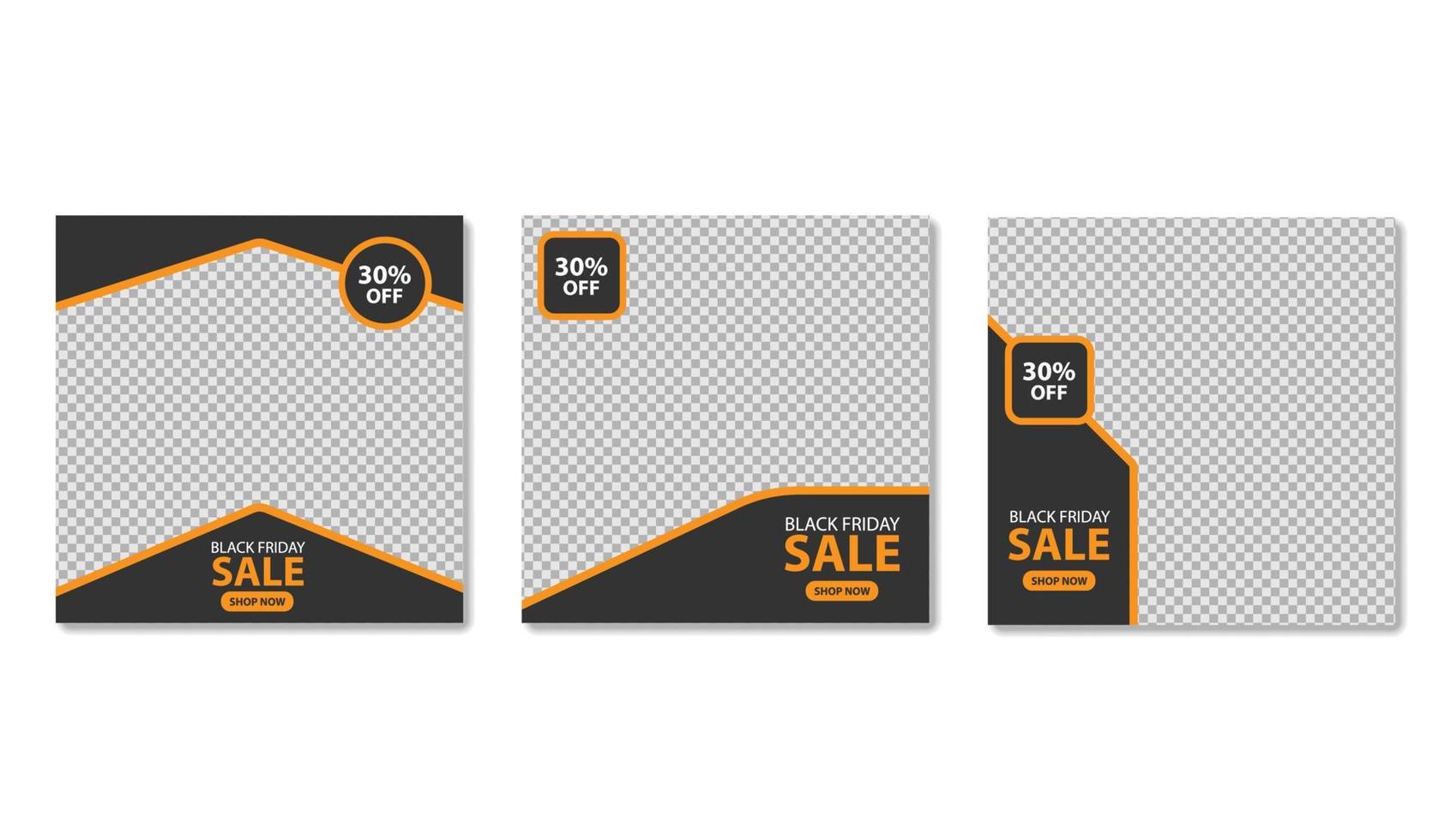 Set of editable minimal square banner template. Black and orange background color with shape. Suitable for social media post and web ads. Vector illustration