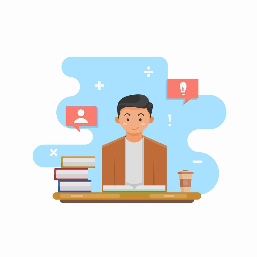 flat vector illustration of a person reading a book sitting at his desk with his thoughts and accompanied by a cup of coffee