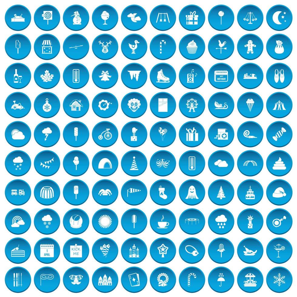 100 childrens parties icons set blue vector