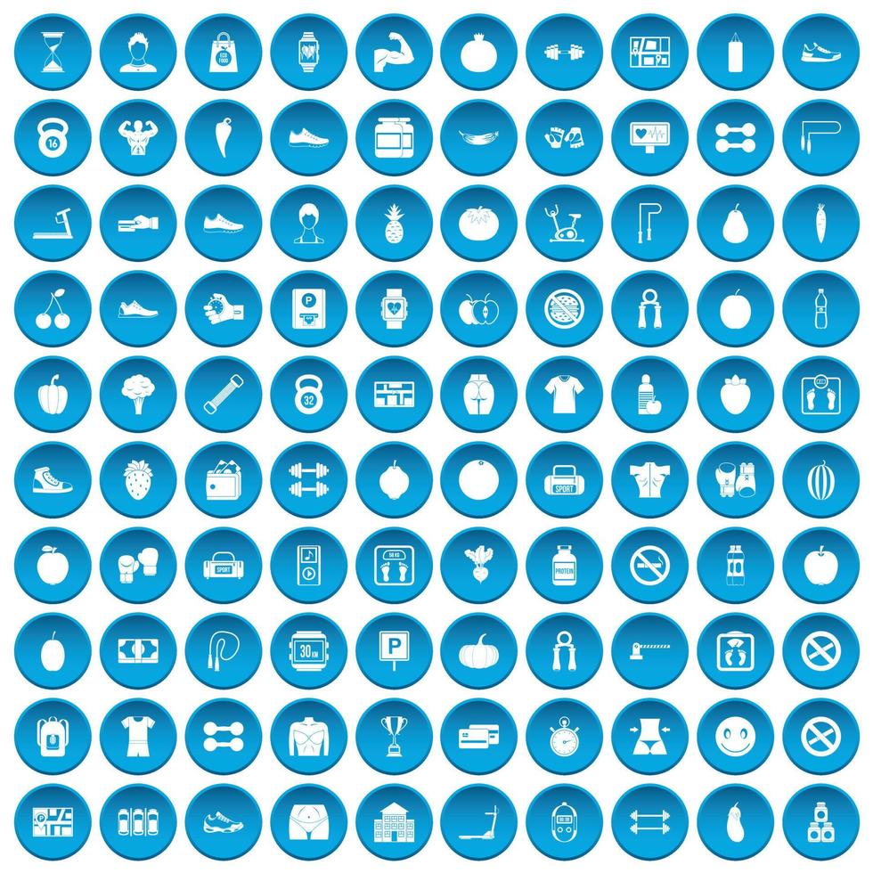 100 iconos de gimnasio conjunto azul vector