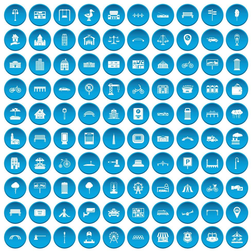 100 city icons set blue vector