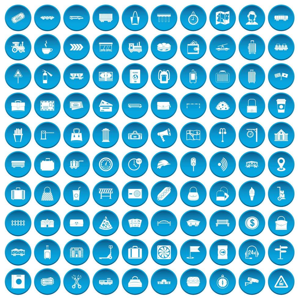 100 railway icons set blue vector