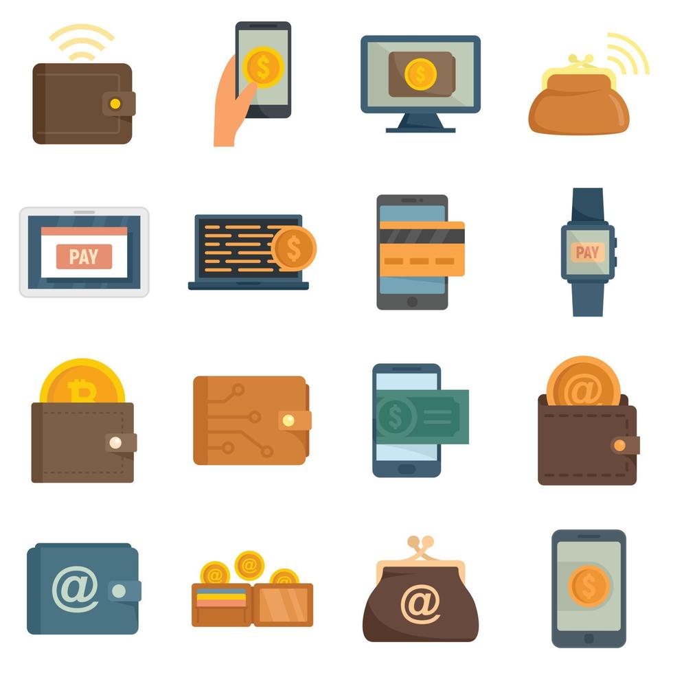 Digital wallet icons set flat vector isolated